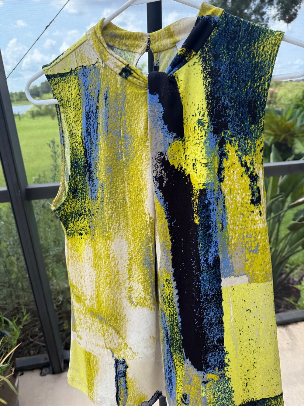 DKNY Yellow Blue Black Abstract Sleeveless Top